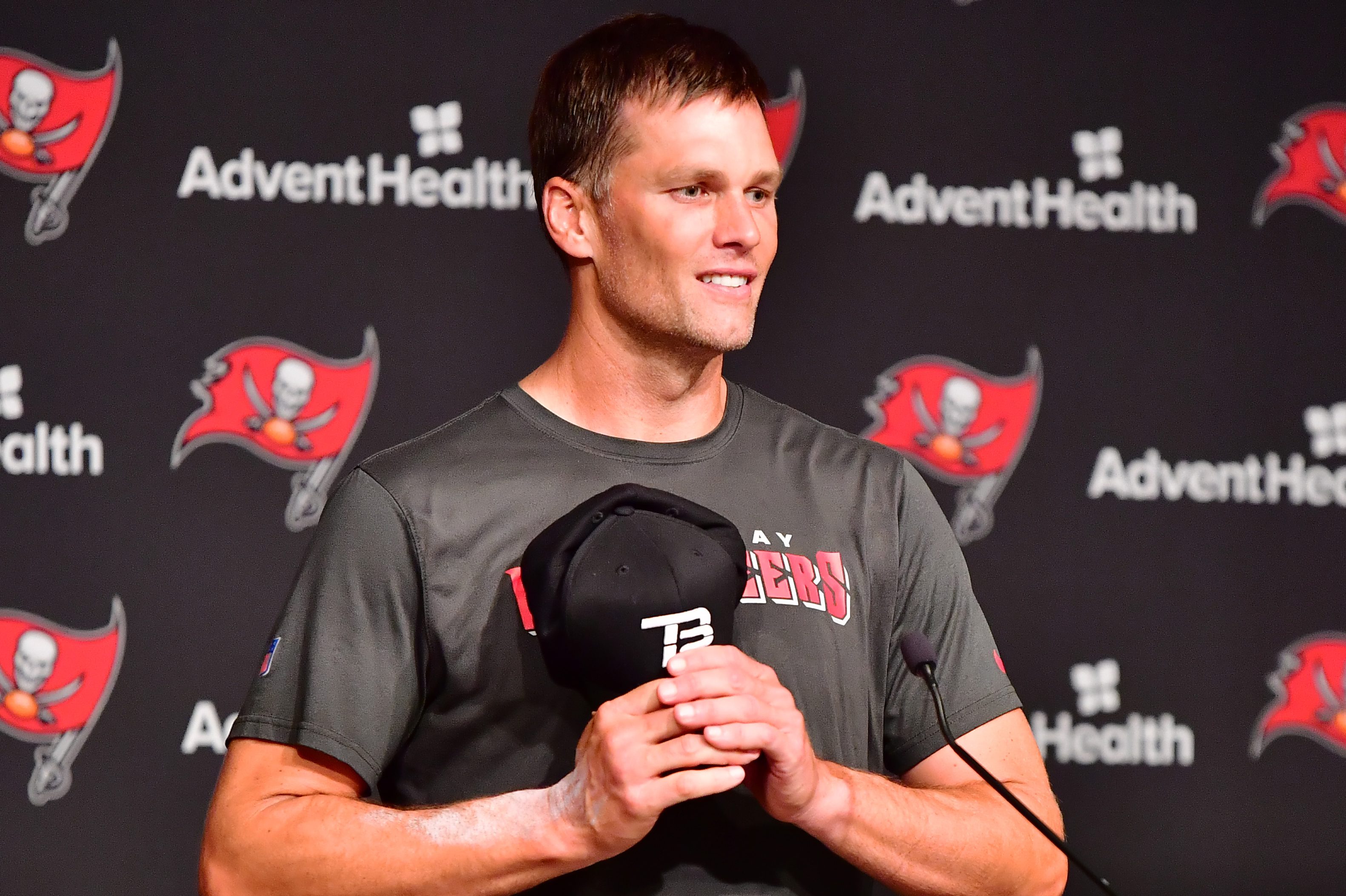 Tom Brady of Tampa Bay Buccaneers answers questions at a press conference