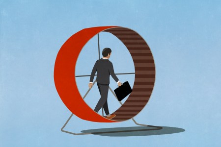 An illustration of a businessman in a suit carrying a briefcase while walking on a hamster wheel.