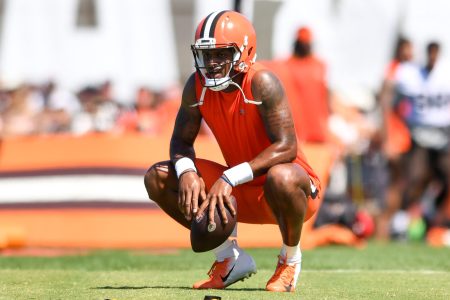 Deshaun Watson of the Cleveland Browns rests after running a drill.