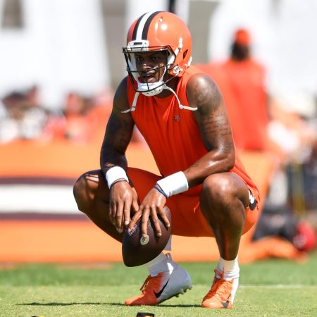 Deshaun Watson of the Cleveland Browns rests after running a drill.