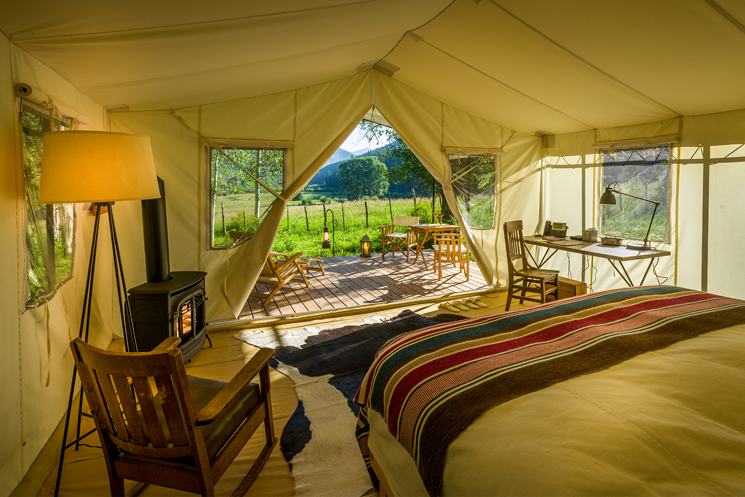 A view from inside a luxury tent at Dunton River Camp, one of the best ranch resorts in the U.S.
