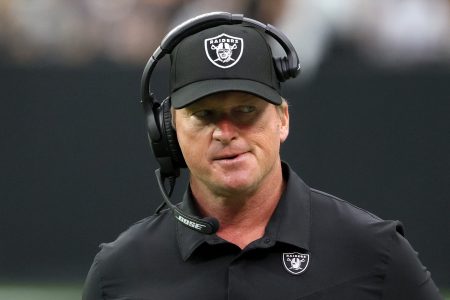Former Raiders head coach Jon Gruden on the sidelines in Las Vegas