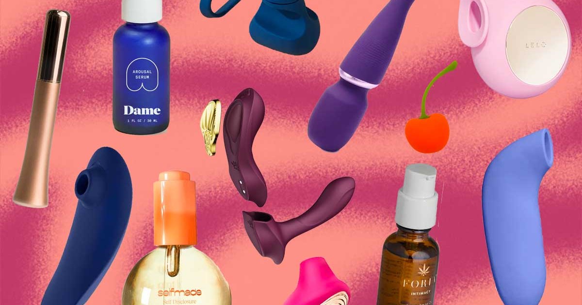 A collage of different vibrators, toys and lubricants.