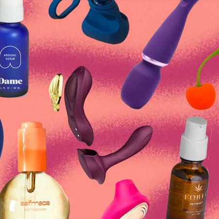 A collage of different vibrators, toys and lubricants.