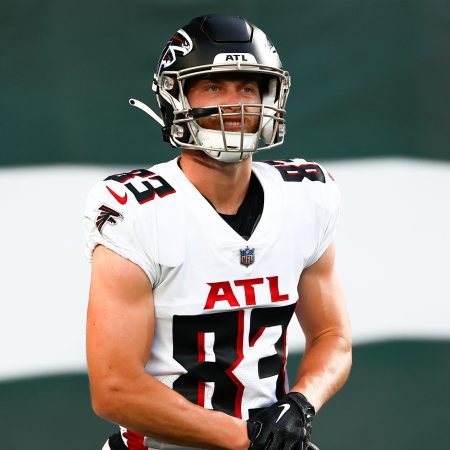 Atlanta Falcons wide receiver Jared Bernhardt warms up prior to a game. The former D-II was a surprise addition to Atlanta's final roster as a WR, a position he had only played since May.