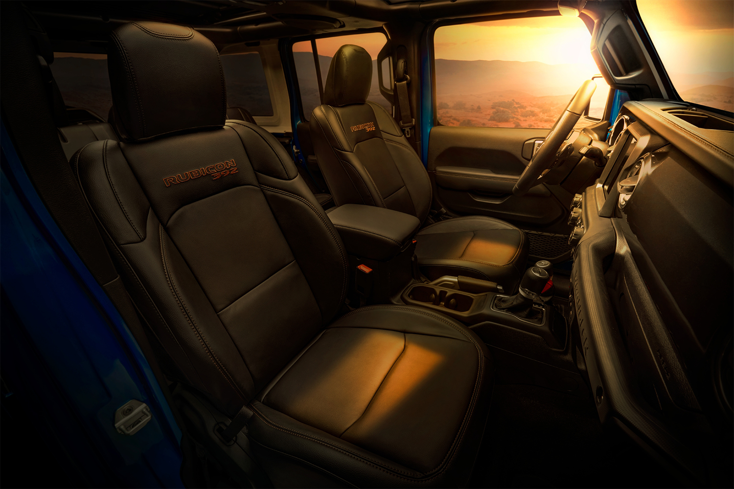 The front two seats of the 2022 Jeep Wrangler Rubicon 392, an off-road SUV with a V8 engine