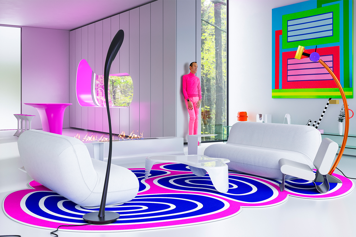 A rendering of the interior of Karim Rashid's KR House, with the designer seen in the middle of the living room