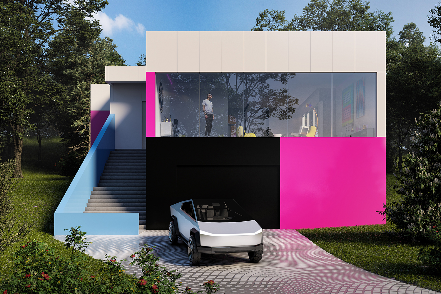 A rendering of Karim Rashid's home that he's building for himself, with a Tesla Cybertruck out front