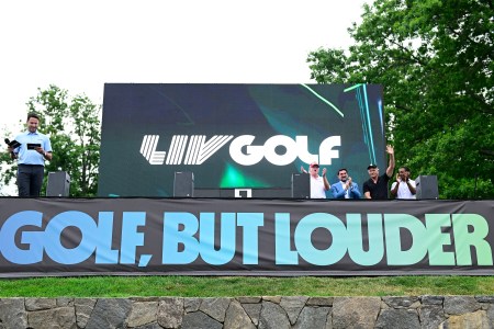 The stage at the LIV Golf Invitational - Bedminster at Trump National Golf Club in New Jersey.
