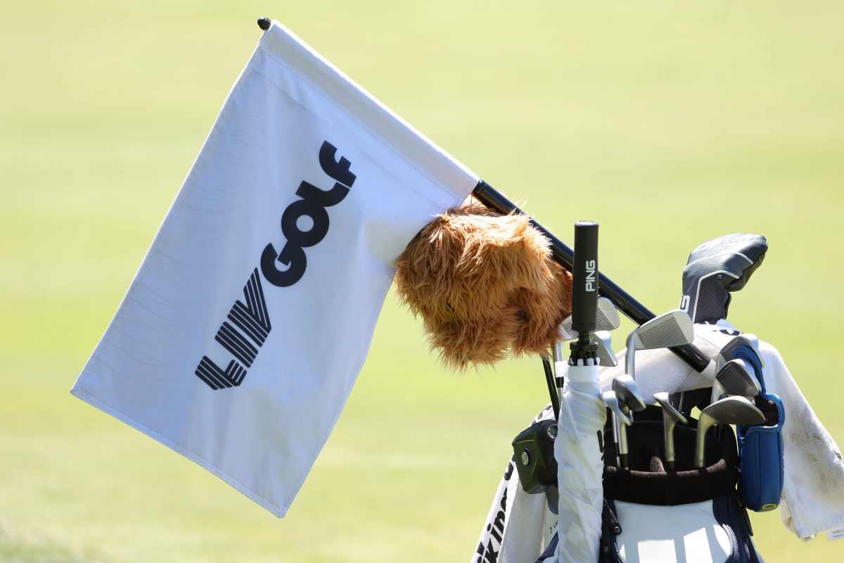A flag with the LIV Golf logo in Portland at Pumpkin Ridge Golf Club.