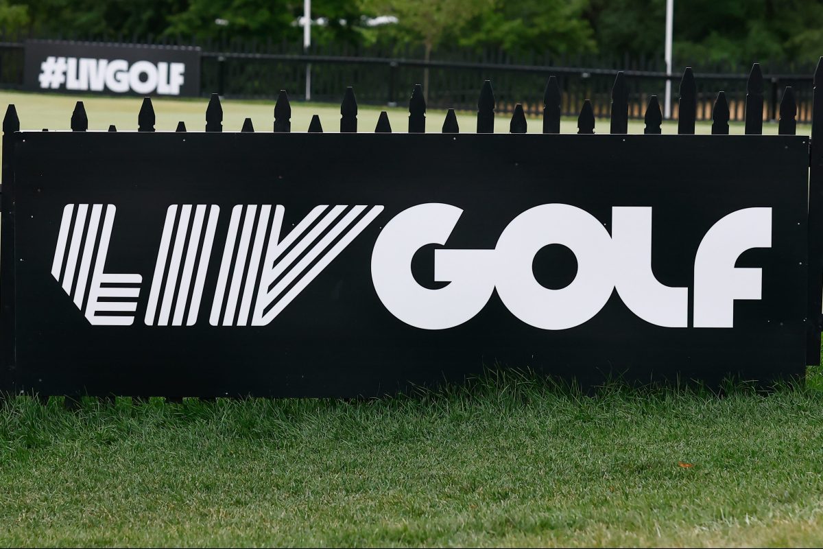 A general view of the LIV GOLF logo at Trump National Golf Club in Bedminster, New Jersey.