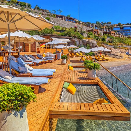 The beach lounge at the METT Hotel in Bodrum, Turkey