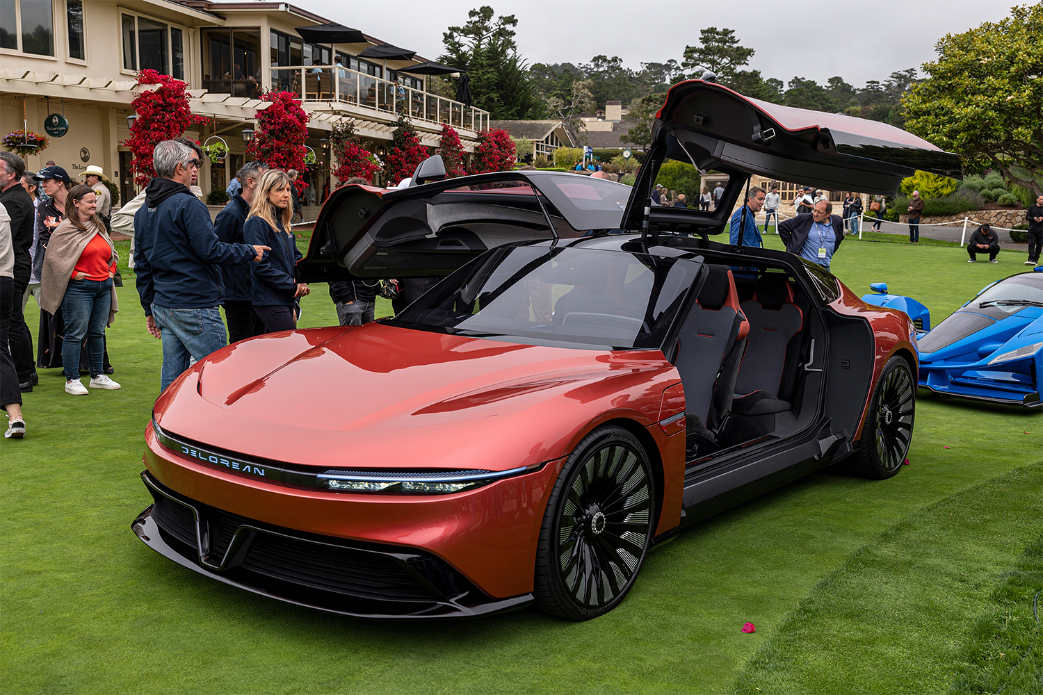 The DeLorean Alpha5, an electric vehicle from the revamped company behind the DMC-12, displayed at the Pebble Beach Concours d’Elegance at Monterey Car Week