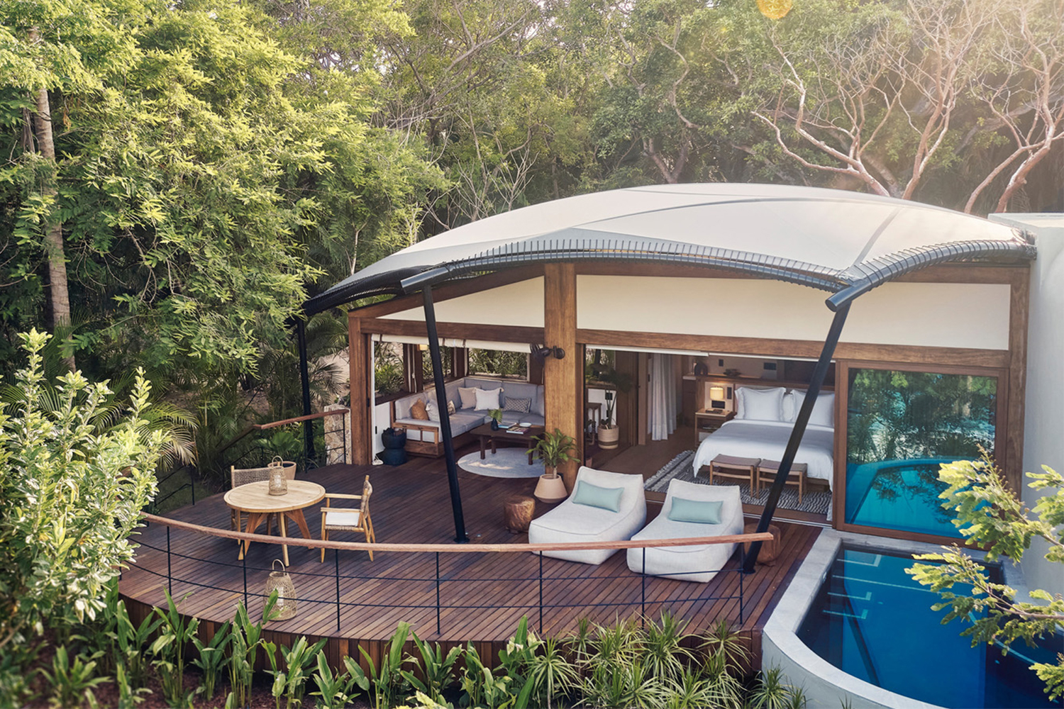 One of the luxury glamping tents at Naviva, A Four Seasons Resort, in Mexico
