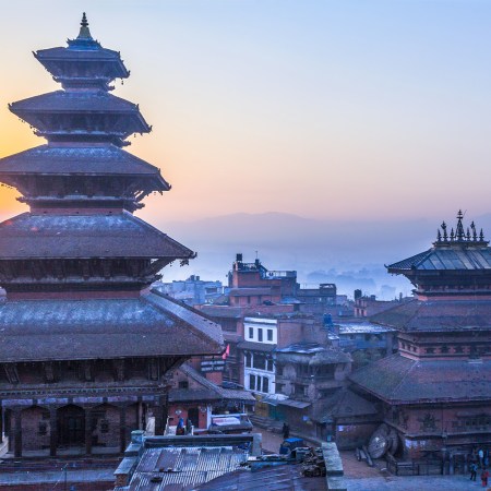 Dawn light over ancient temples in Bhaktapur