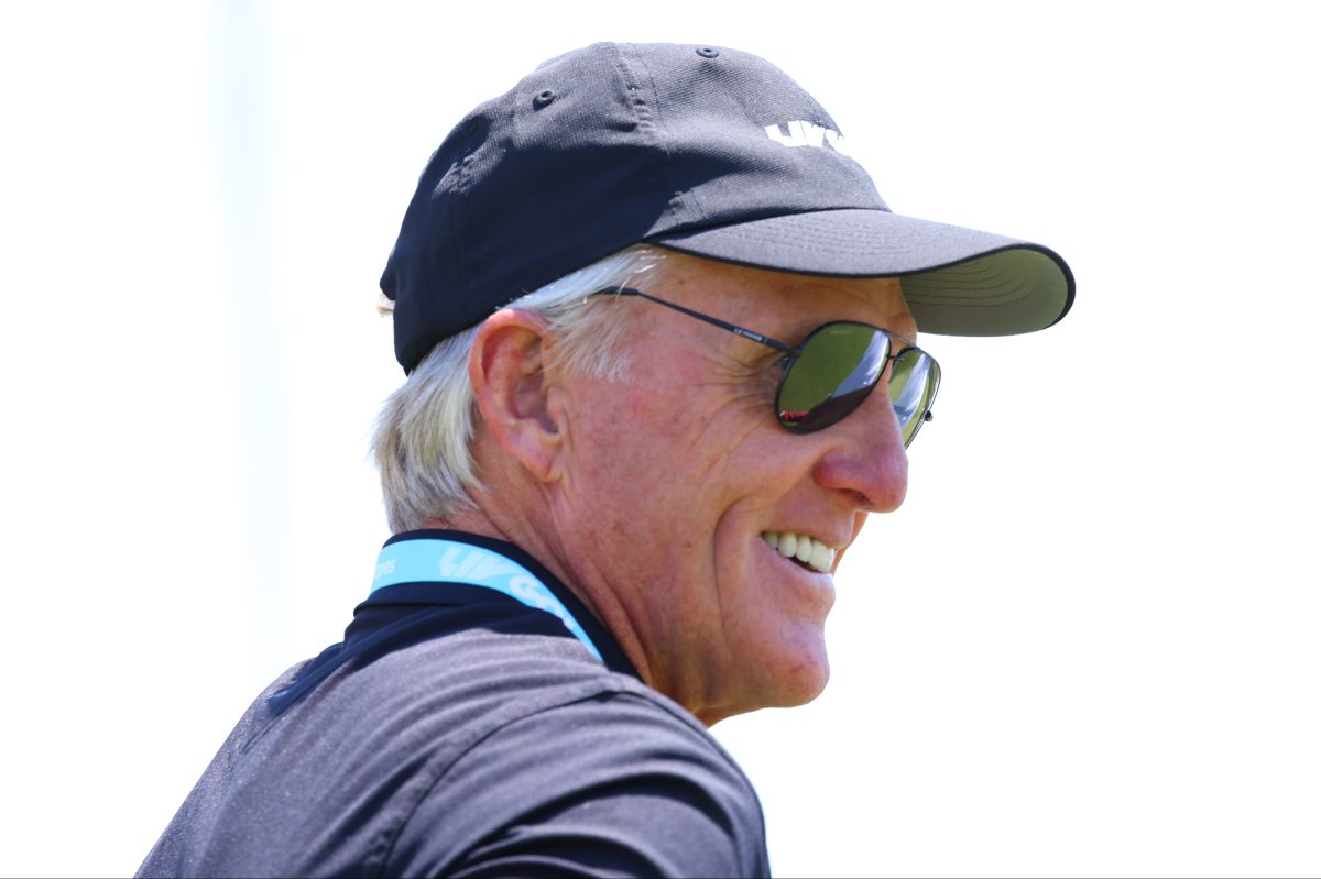 LIV Golf CEO and commissioner Greg Norman wearing an LIV hat and aviator sunglasses