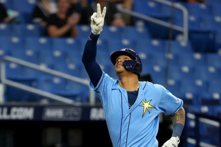Christian Bethancourt of the Rays celebrates after hitting a home run