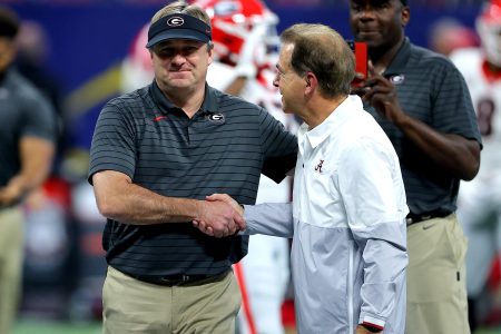 Head coach Nick Saban of Alabama with Georgia coach Kirby Smart at the SEC Championship game