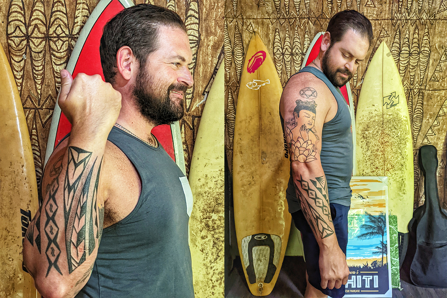Travel writer Jake Emen showing off the tattoo he received in Tahiti using traditional Tahitian methods of tapping