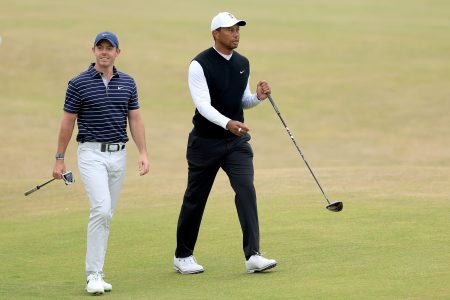 Tiger Woods with Rory McIlroy prior to The 150th Open at St Andrews Old Course in July.