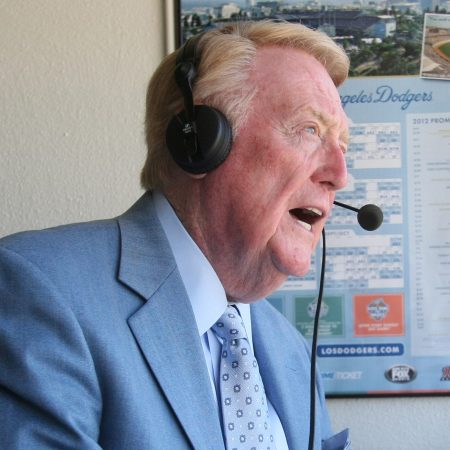 Longtime Los Angeles Dodgers broadcaster Vin Scully at Dodger Stadium in 2012.