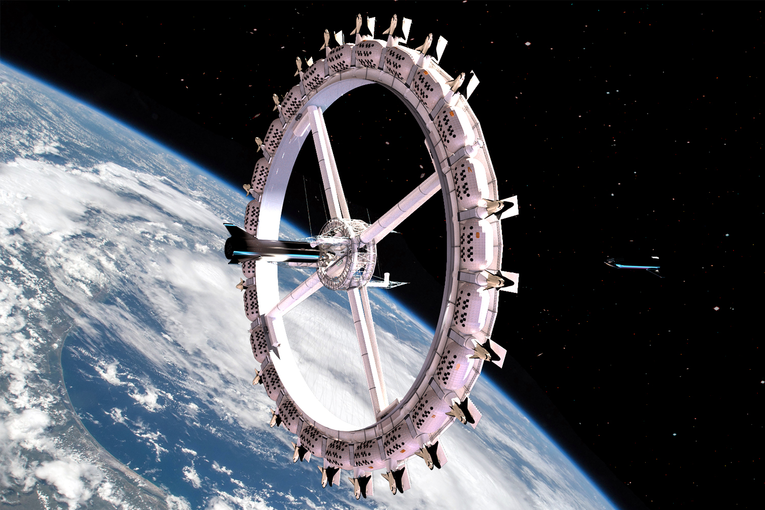 A rendering of the Voyager Station space hotel from space tourism company Orbital Assembly