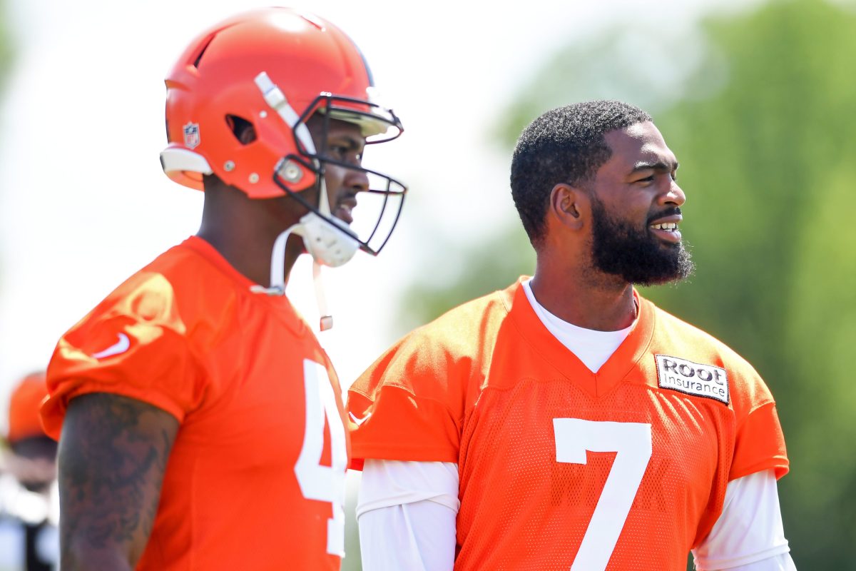 Jacoby Brissett #7 and Deshaun Watson #4 of the Cleveland Browns watch training camp