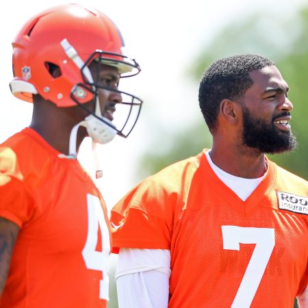 Jacoby Brissett #7 and Deshaun Watson #4 of the Cleveland Browns watch training camp