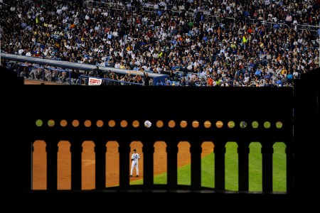 A view through the iconic frieze at Yankee Stadium.