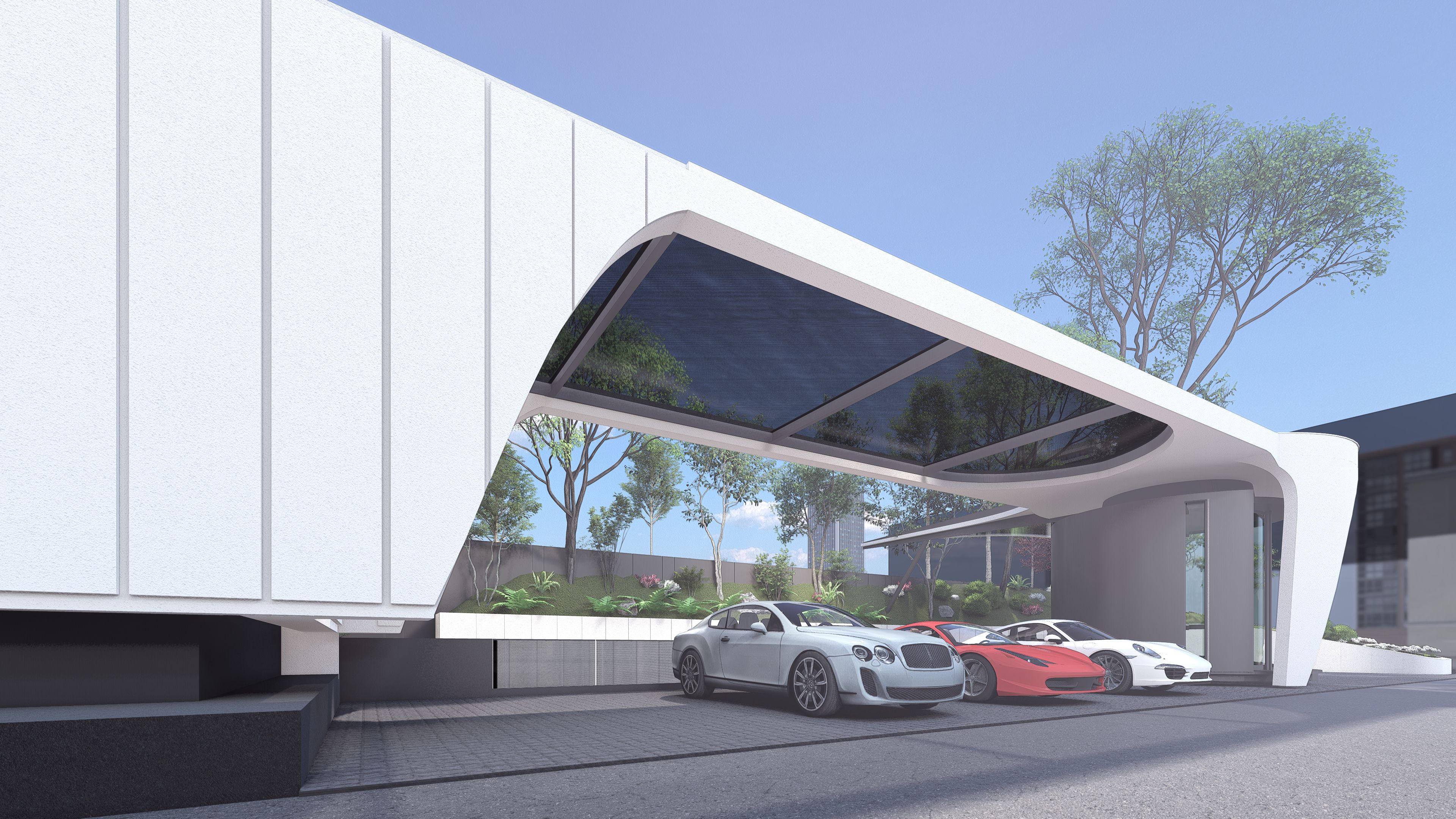 A view of a futuristic open air car garage.