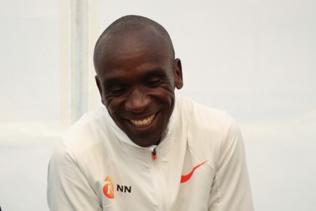 Eliud Kipchoge smiling after his world record performance in the Berlin Marathon.