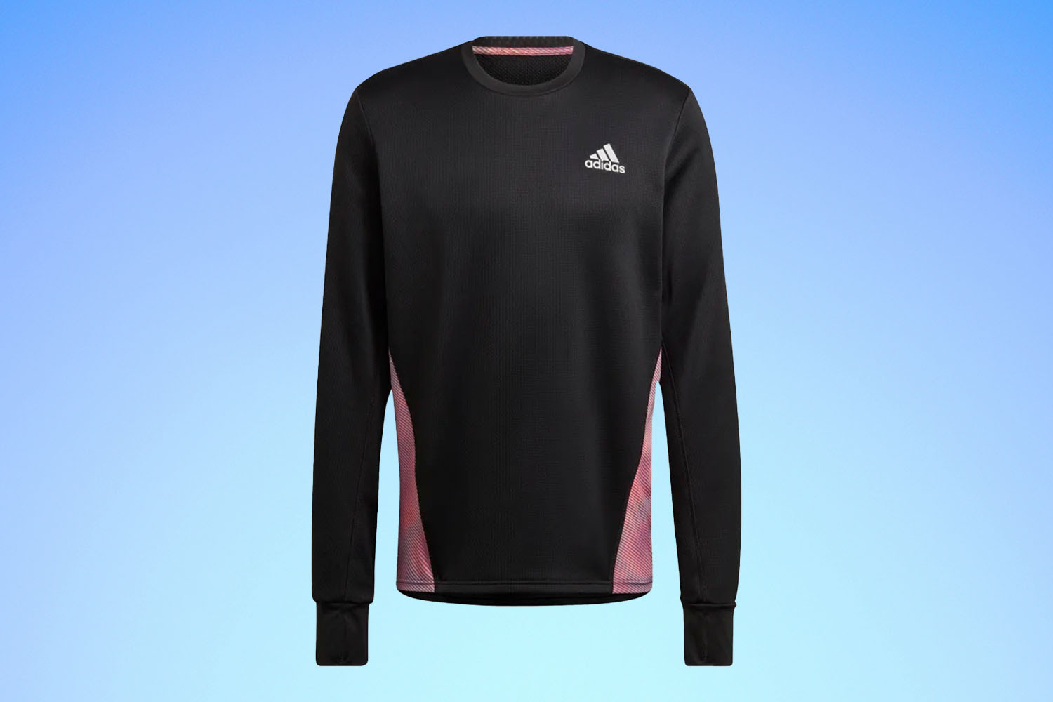 a black and pink running sweatshirt from Adidas on a blue gradient background