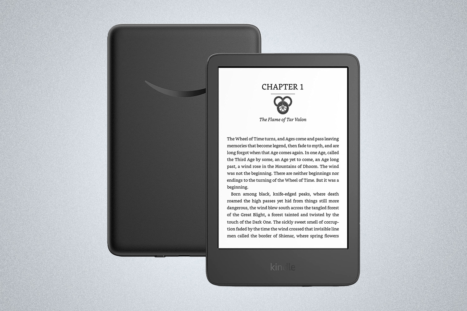a black Amazon Kindle on a gray background