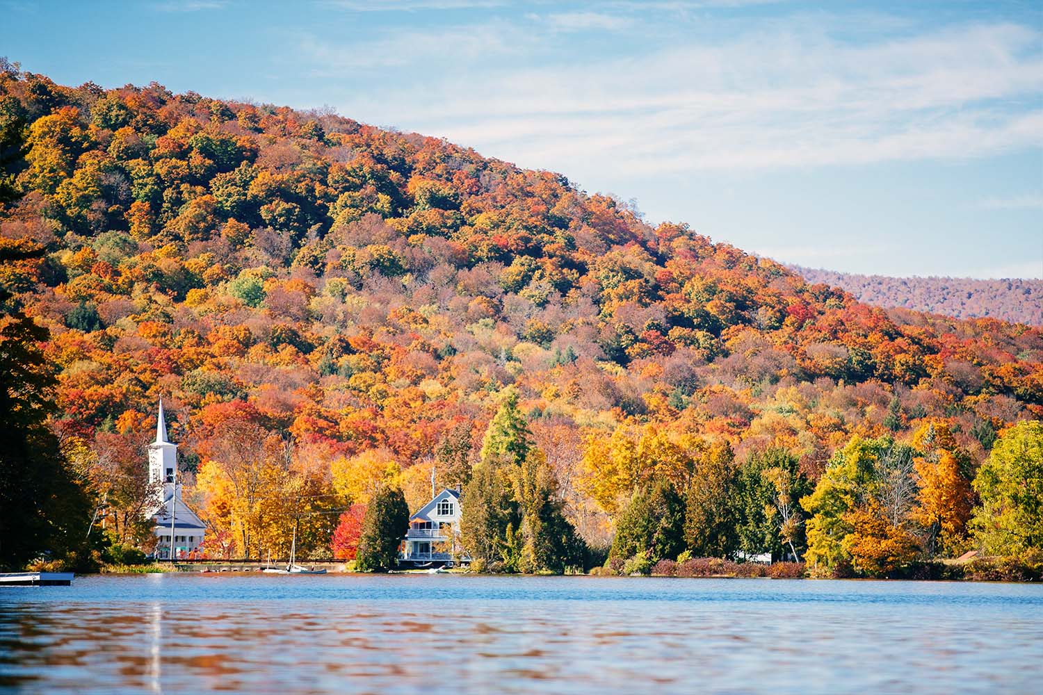 View from the water on Silver Lake in Barnard, Vermont during high foliage.