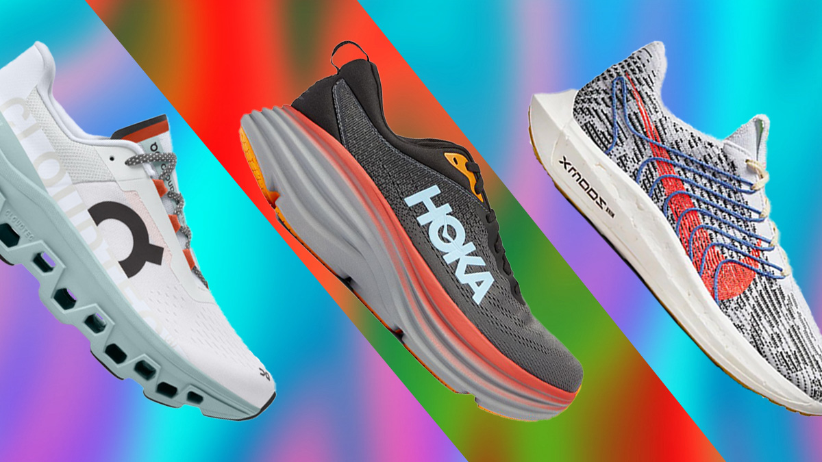 a collage of cushioned running shoes from men from Hoka, Nike and On an blue colored background