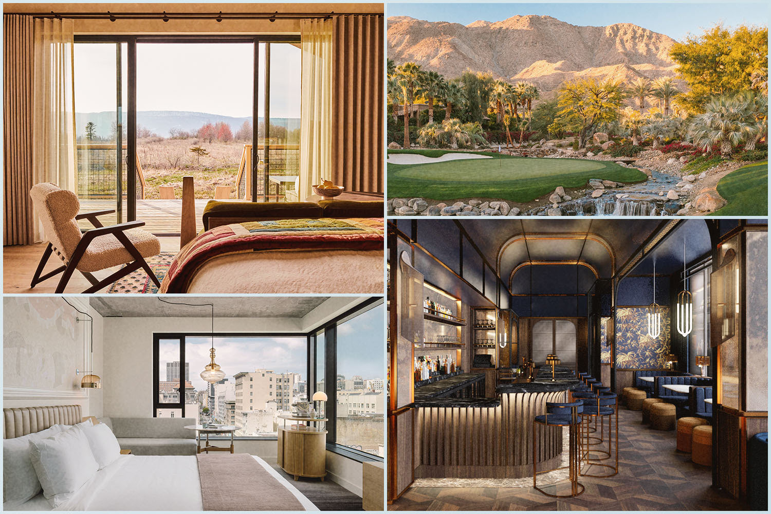 A collage of photos from the best new hotels opening in the U.S. in fall and winter 2022-2023