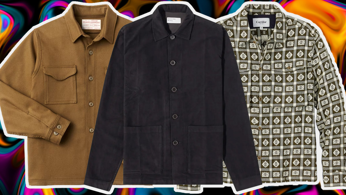 a collage of shirt jackets on a multi-colored patterned background