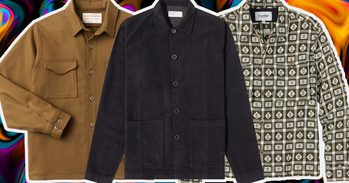 a collage of shirt jackets on a multi-colored patterned background