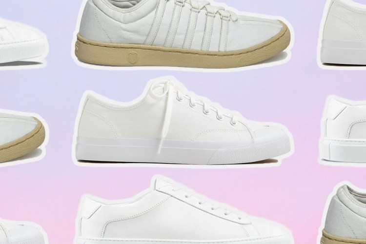 a collage of the best white sneakers for men on a pink gradient background