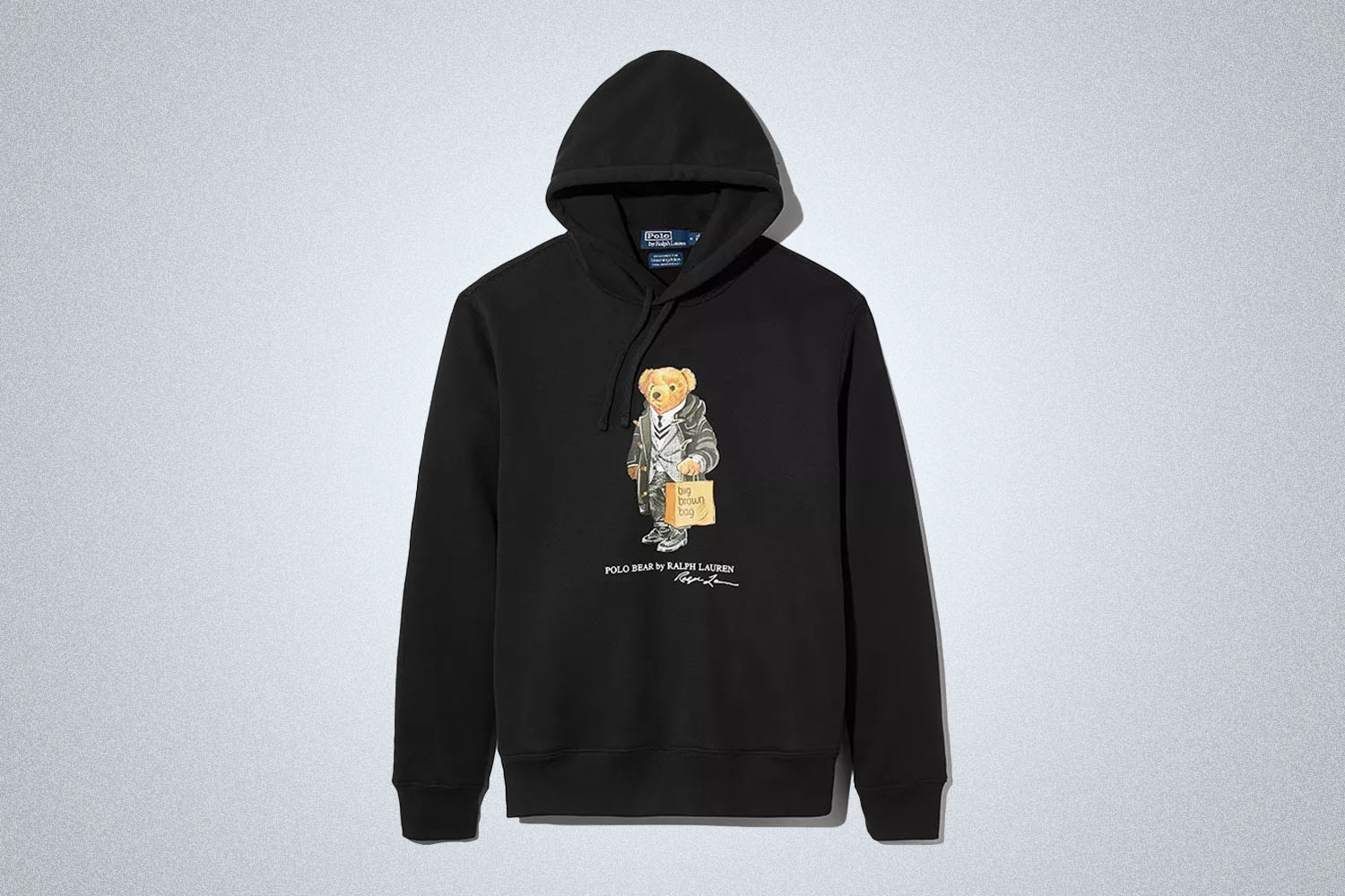 a black hoodie from PRL with a Polo Bear Graphic on a grey background