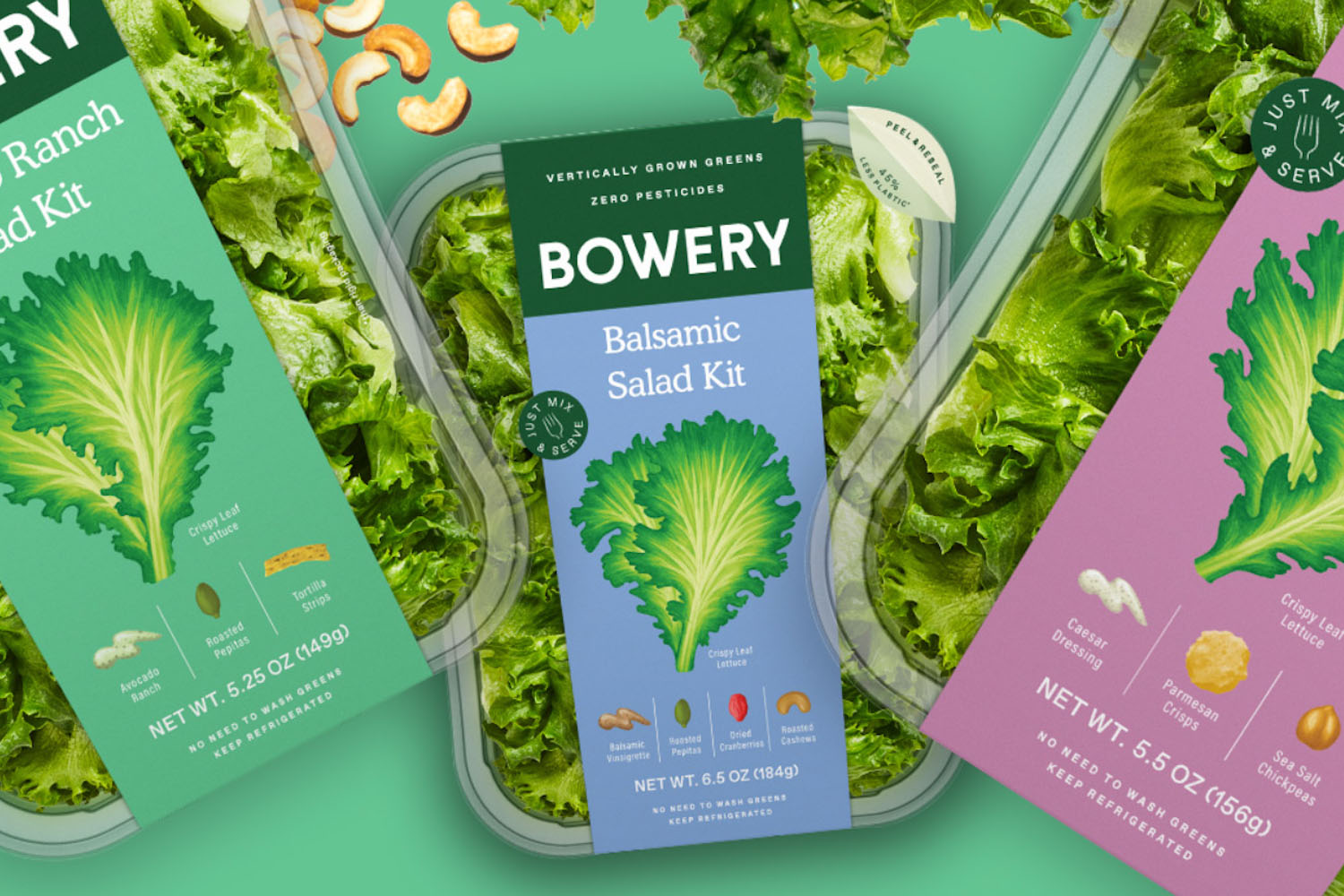 a collage of Bowery Salad packs on a light green background