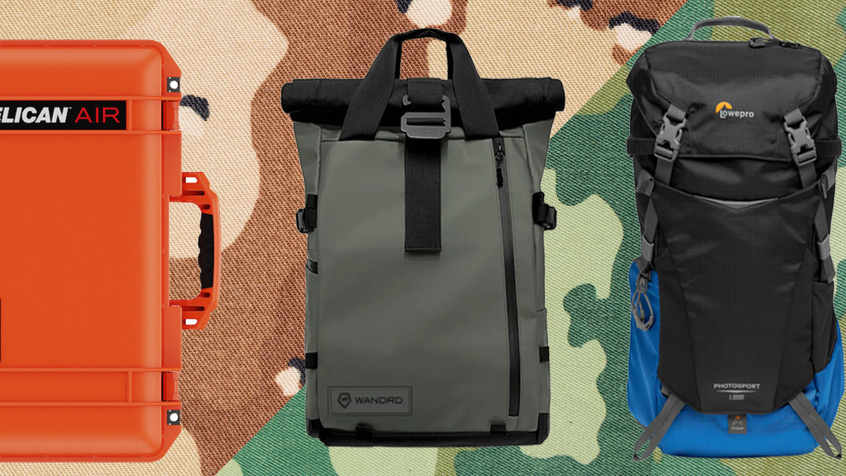 a collage of camera bags on a two-toned camo background