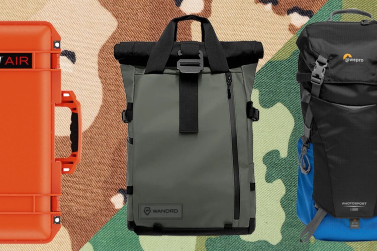 a collage of camera bags on a two-toned camo background