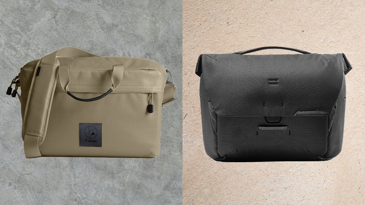 The F-Stop Florentin Camera Shoulder Bag and PeakDesign Messenger bag on a collage gray and brown background.