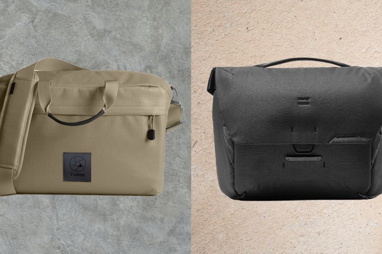 The F-Stop Florentin Camera Shoulder Bag and PeakDesign Messenger bag on a collage gray and brown background.