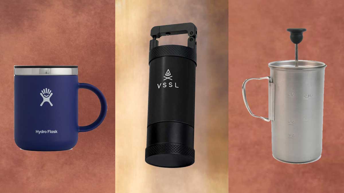 A VSSL JAVA Manual Hand Coffee Grinder, Snow Peak Titanium French Press and a Hydro Flask Mug on brown textured backgrounds.