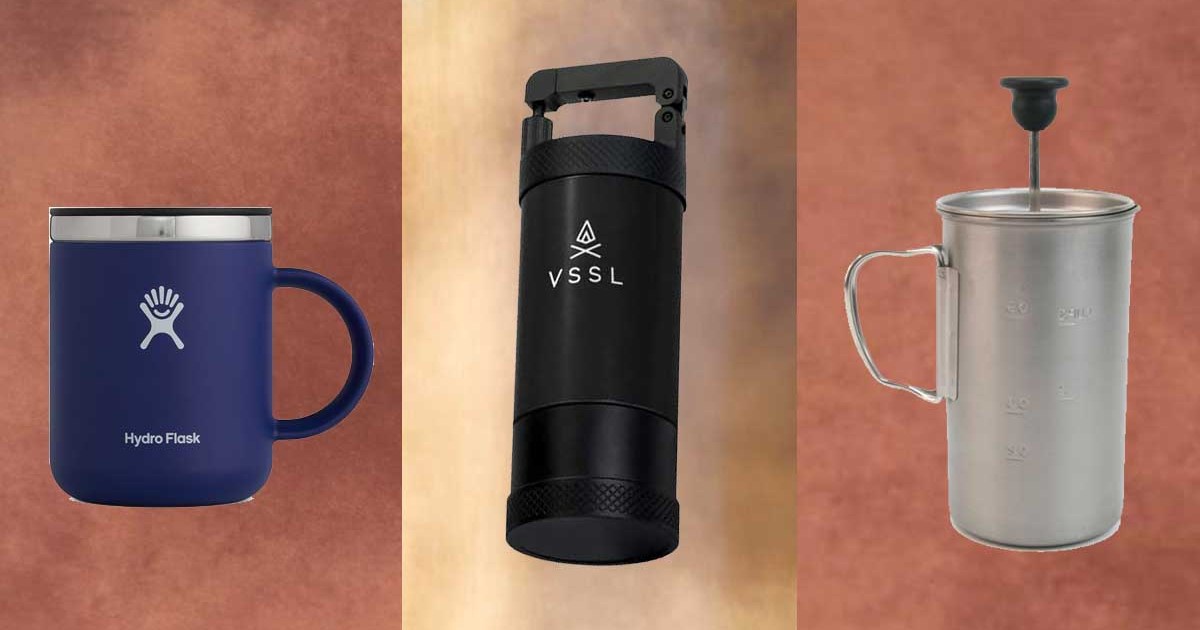 A VSSL JAVA Manual Hand Coffee Grinder, Snow Peak Titanium French Press and a Hydro Flask Mug on brown textured backgrounds.