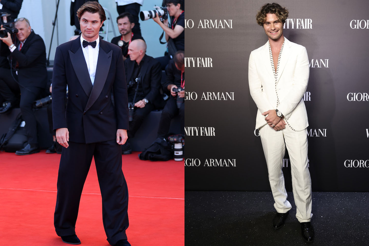 Two red carpet photos of Chase Stokes at the 79th International Venice Film Festival