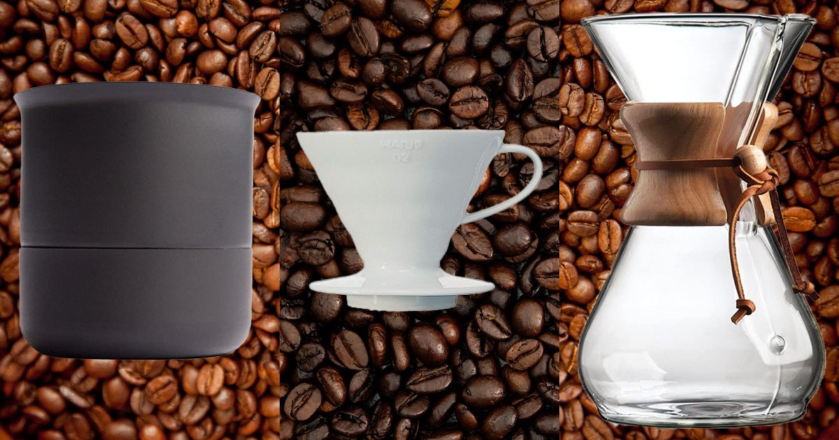 a collage of pour over devices for coffee on a bean background