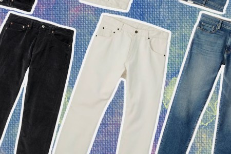 a collage of comfortable men's jeans on a denim background